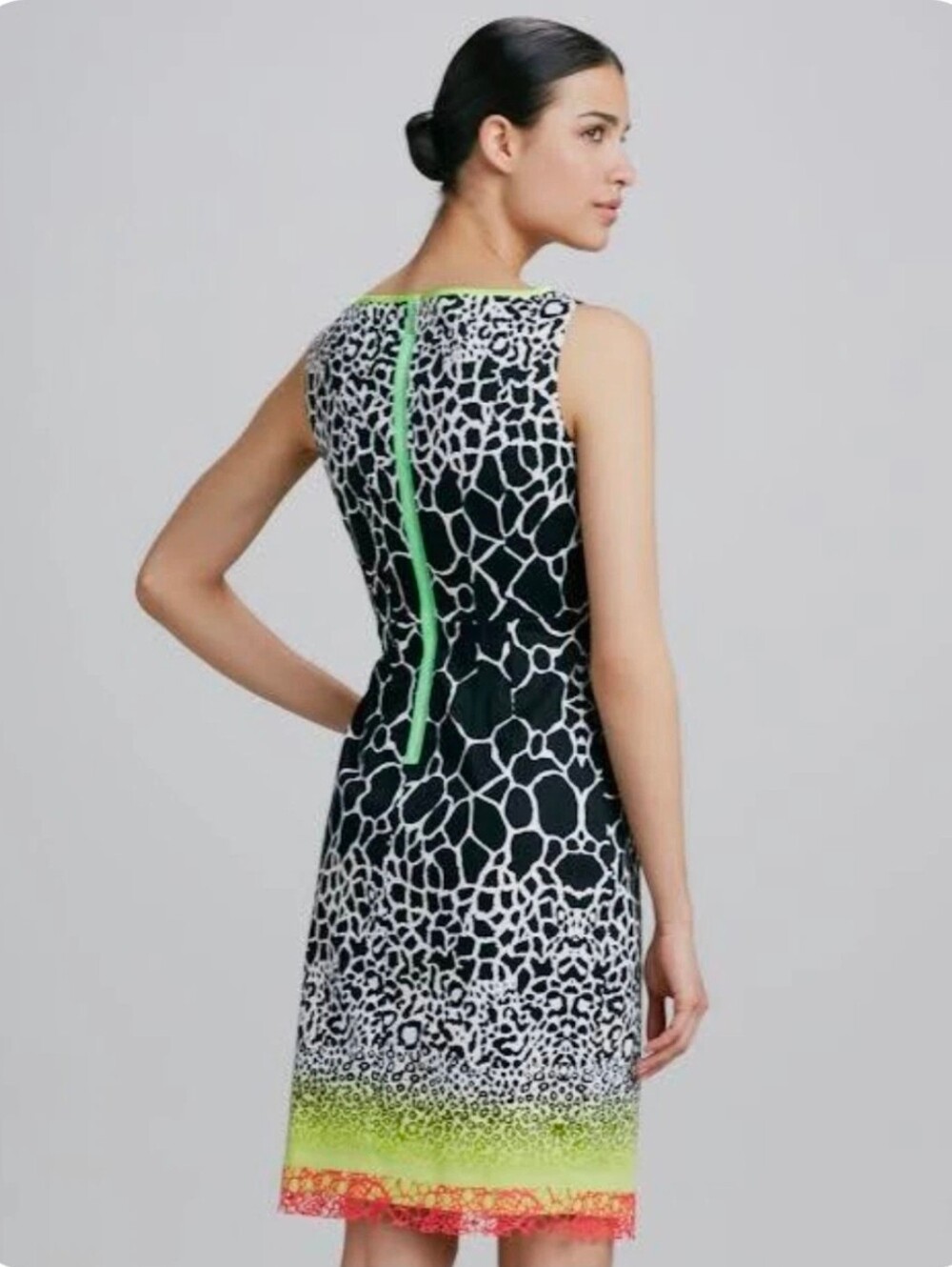 Elie Tahari Giraffe-Print Sheath Dress Signature Neon Green Zipper Lace Sz 6